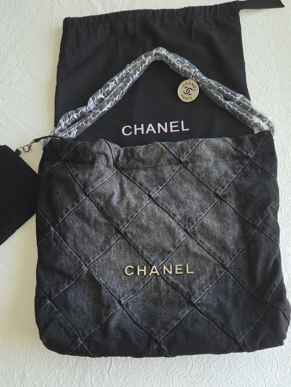 NWOT Black Distressed Jean Materlal Quilted Shoulder Bag